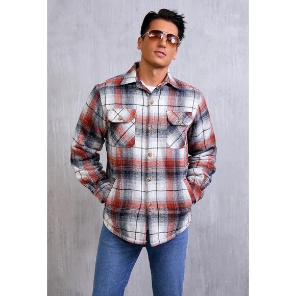 Mens Orange  Cotton Sherpa Lined Button Down Flannel Shirt Jacket Plaid Soft - Picture 4 of 7